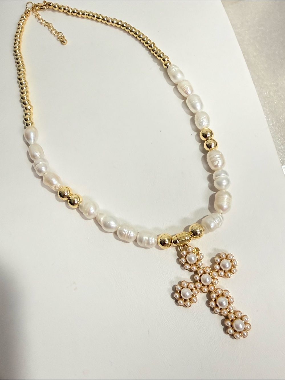 14k Gold Plated Pearl Cross Pendant Necklace - Elegant Women's Jewelry